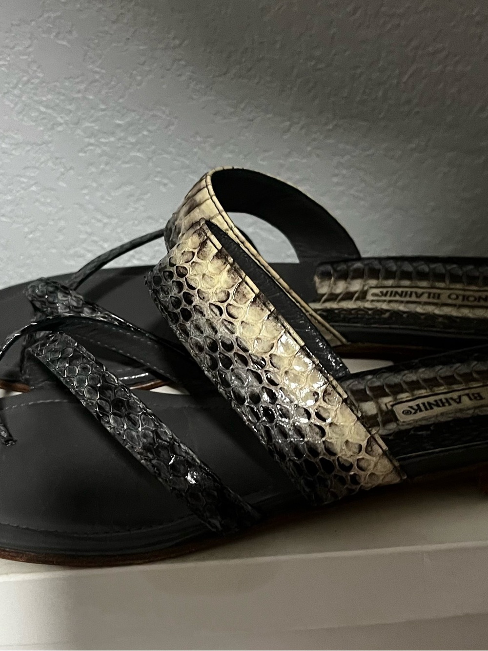 Manolo Blahnik Black and Cream Snakeskin Strappy Sandals